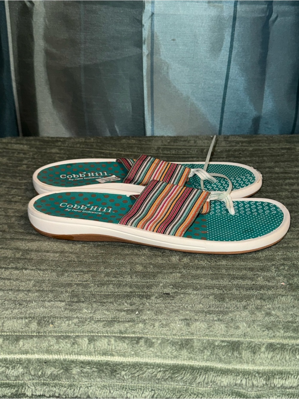 Cobb Hill by New Balance Teal Footbed Multicolor Striped Band Slide Sandals